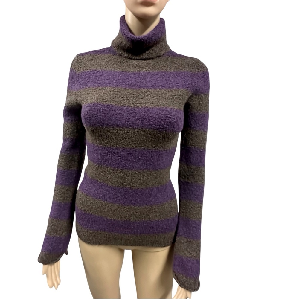 Moda International Wool Blend Knit Formfit Turtleneck Sweater Purple Striped S